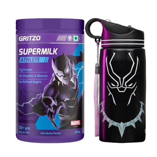 Supermilk Athlete 13+ Yrs Boy/Girl 400 g Cafe Mocha and 500ml Black Panther Sipper Combo