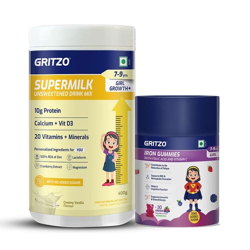 Supermilk Growth+ 400g Unsweetened Vanilla for 7 to 9 Yrs Girl & Iron Gummies Combo