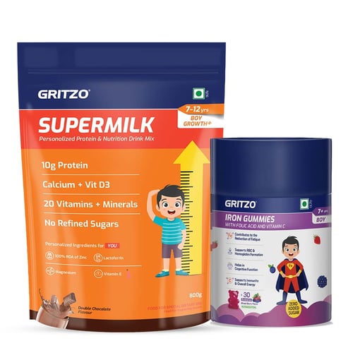 Supermilk Growth+ 800g Double Chocolate for 7 to 12 Yrs Boy & Iron Gummies Combo