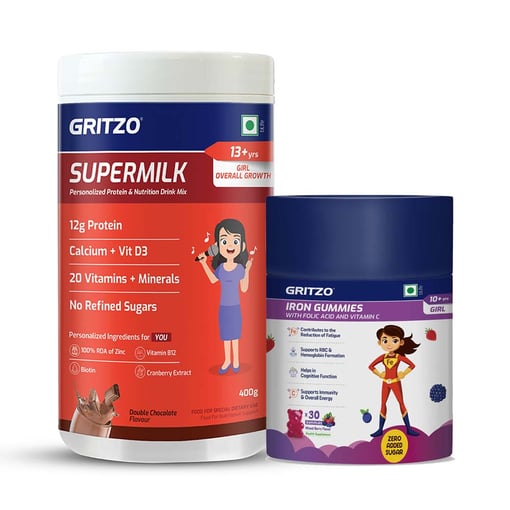 Supermilk Overall Growth 400g Double Chocolate for 13+ Yrs Girl & Iron Gummies Combo