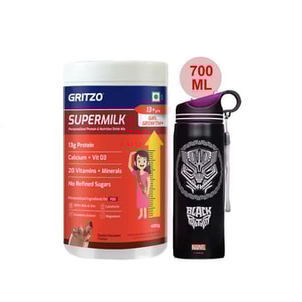 Supermilk Growth+ for Girl 13+ Yrs 400g Double Chocolate and 700ml Black Panther Sipper Combo