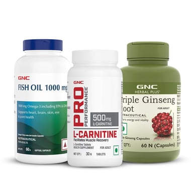 GNC Herbal Plus Triple Ginseng Root 60 Capsules with Fish Oil 60 Softgels & L-Carnitine 30 Tablets Combo,  3 Piece(s)/Pack 