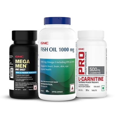 GNC Mega Men One Daily Multivitamin 30 Tablets with Fish Oil 60 Softgels &  L-Carnitine 30 Tablets Combo,  3 Piece(s)/Pack  Unflavoured 