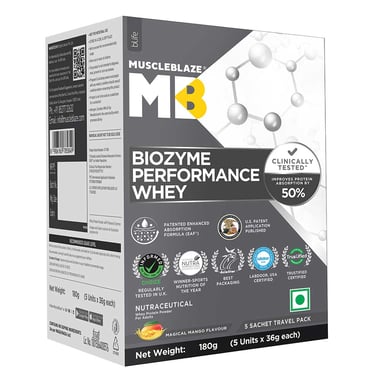 MuscleBlaze Biozyme Performance Whey,  0.4 lb  Magical Mango (Mono Carton)(5x36g) Travel Pack 
