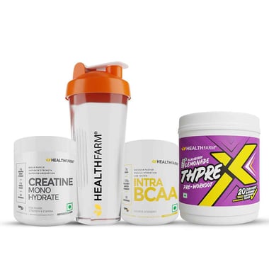 Healthfarm ThPreX 0.55lb with Creatine Monohydrate & Intra BCAA Combo, 0.22 lb Blackerry Lemonade,Unflavoured&Mango Berry(with Free Shaker)