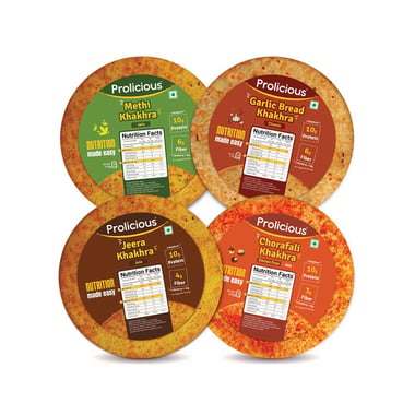 Prolicious High Protein & High Fiber Khakhra Combo,  Methi, Garlic Bread, Jeera, Chorafali (Pack of 4)  170 g 