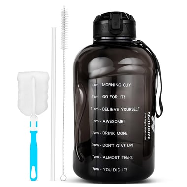 GHC Nutrigize Motivational Gallon Water Bottle,  Black with Straw and Cleaning Brush  2.2 L 