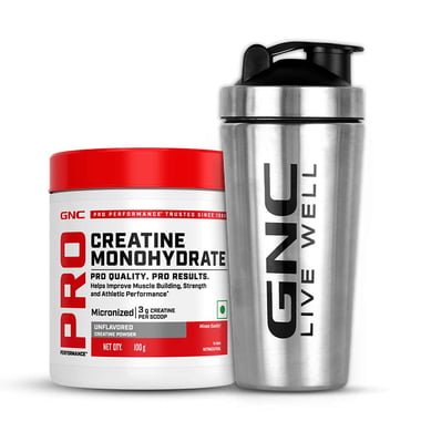GNC Pro Performance Pure Micronized Creatine Monohydrate, Unflavoured with Steel Shaker 750ml 0.22 lb