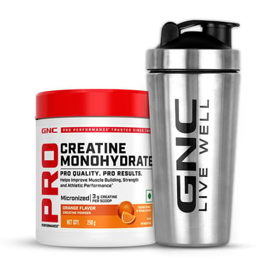 GNC Pro Performance Pure Micronized Creatine Monohydrate,  Orange with Steel Shaker 750ml  0.55 lb 