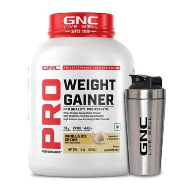 GNC Pro Performance Weight Gainer, 6.6 lb Vanilla Ice Cream with Steel Shaker 750ml