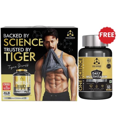 One Science Nitra Whey Tiger Combo Pack, 4 lb Creamy Vanilla with Daily Multivitamin 60 Capsules
