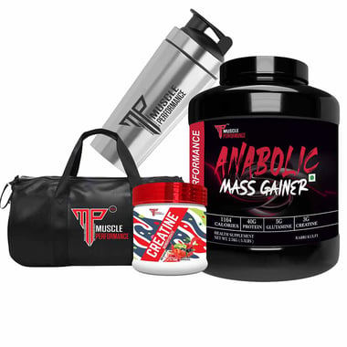 Muscle Performance Anabolic Mass Gainer with Creatine Monohydrate 0.66 lbs, Steel Shaker & Gym Bag Combo, 5.5 lb Rabri Kulfi