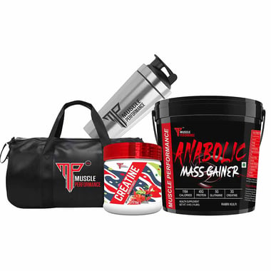 Muscle Performance Anabolic Mass Gainer with Creatine Monohydrate 0.66 lbs, Steel Shaker & Gym Bag Combo, 11 lb Rabri Kulfi