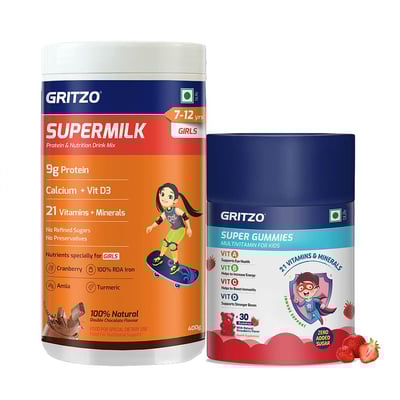 Gritzo SuperMilk Overall Growth for 7-12 Yrs Girls 400 g Double Chocolate & Gummies Multivitamin Combo