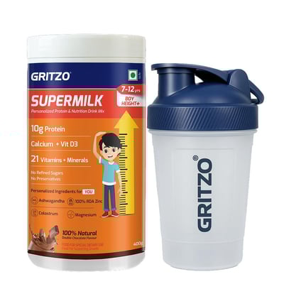 Gritzo SuperMilk Height+ for 7-12 Yrs Boy 400 g Double Chocolate & Shaker Combo