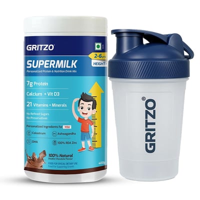 Gritzo SuperMilk Height+ for 2-6 Yrs Boy/Girl 400 g Double Chocolate & Shaker Combo