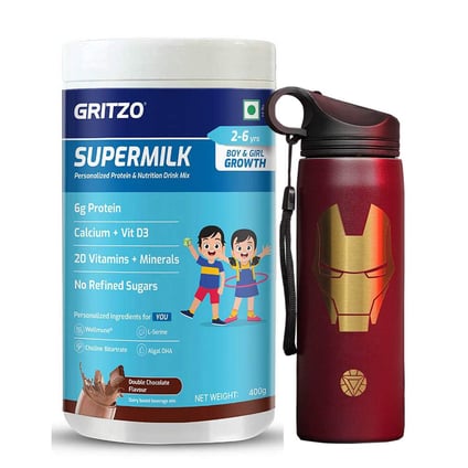 Supermilk Overall Growth for Boy/Girl 2 to 6 Yrs 400g Double Chocolate and 700ml Iron Man Sipper Combo