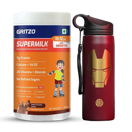 Supermilk Growth for 10 to 12 Yrs Girl 400g Double Chocolate and 700ml Iron Man Sipper Combo
