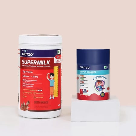 Gritzo SuperMilk Height+ for 13+ Yrs Boys 400 g Double Chocolate & Gummies Multivitamin Combo