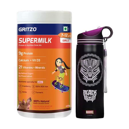 Supermilk Overall Growth for Girl 7 to 12 Yrs 400g and Black Panther Sipper 700ml Combo
