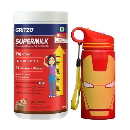 Supermilk Height+ for Girl 13+ Yrs 400g Cafe Mocha and Iron Man Sipper 500ml Combo