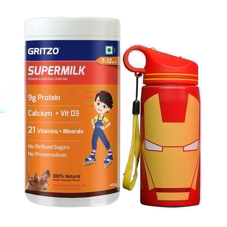 Supermilk Overall Growth for Boy 7 to 12 Yrs 400g and Iron Man Sipper 500ml Combo