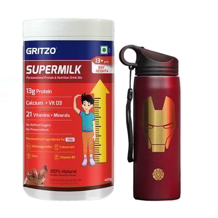 Supermilk Height+ for Boy 13+ Yrs 400g Double Chocolate and Iron Man Sipper 700ml Combo