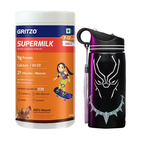 Supermilk Overall Growth for Girl 7 to 12 Yrs 400g and Black Panther Sipper 500ml Combo