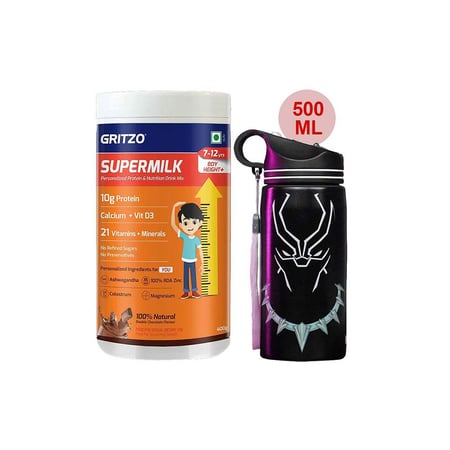 Supermilk Height+ for Boy 7 to 12 Yrs 400g and 500ml Black Panther Sipper Combo