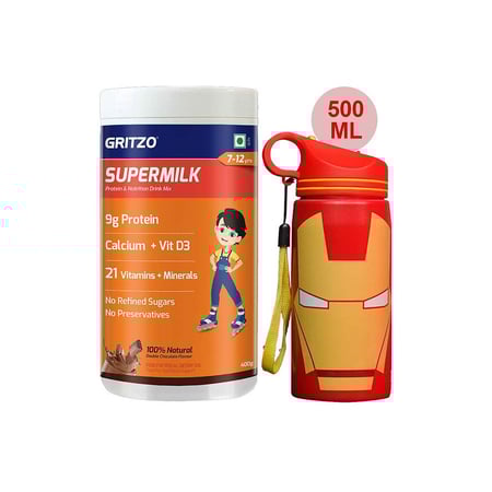 Supermilk Overall Growth for Boy 7 to 12 Yrs 400g and 500ml Iron Man Sipper Combo