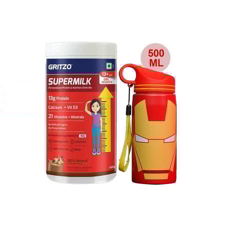Supermilk Height+ for Girl 13+ Yrs 400g Cafe Mocha and 500ml Iron Man Sipper Combo