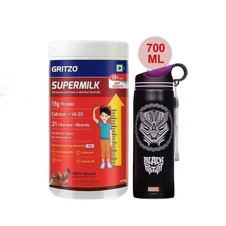 Supermilk Height+ for Boy 13+ Yrs 400g Double Chocolate and 700ml Black Panther Sipper Combo