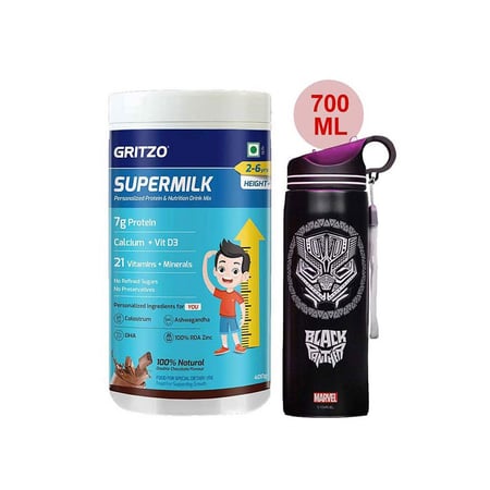 Supermilk Height+ for Boy/Girl 2 to 6 Yrs 400g and 700ml Black Panther Sipper Combo
