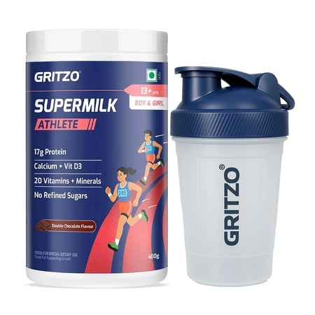Supermilk Athlete for Boy/Girl 13+ Yrs 400g Double Chocolate and Shaker Combo