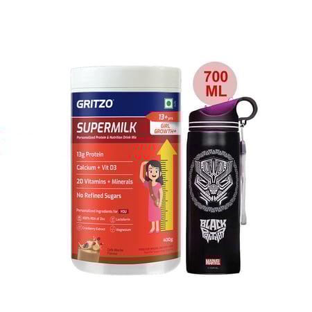 Supermilk Growth+ for Girl 13+ Yrs 400g Cafe Mocha and 700ml Black Panther Sipper Combo