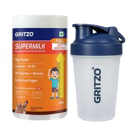 Gritzo SuperMilk Growth+ for 7-12 Yrs Boy 400 g Double Chocolate & Shaker Combo