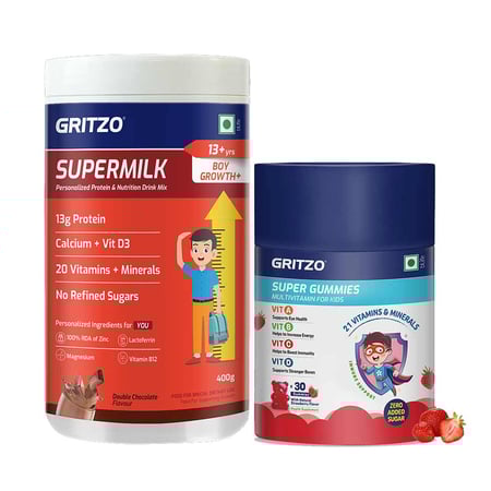 Gritzo SuperMilk Growth+ for 13+ Yrs Boys 400 g Double Chocolate & Gummies Multivitamin Combo
