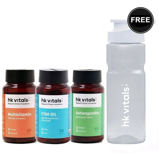 HK Vitals Ashwagandha & Multivitamin & Fish Oil 60 Caps & Sipper Combo