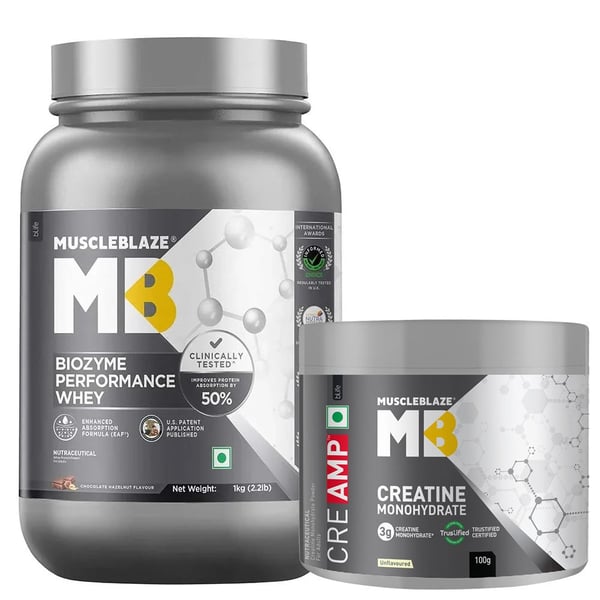 MuscleBlaze Biozyme Performance Whey 1 kg & Creatine Monohydrate CreAMP 0.22 lb Combo