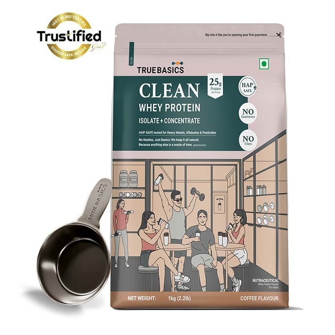 TrueBasics Clean Whey Protein (Isolate + Concentrate), 1 kg Coffee