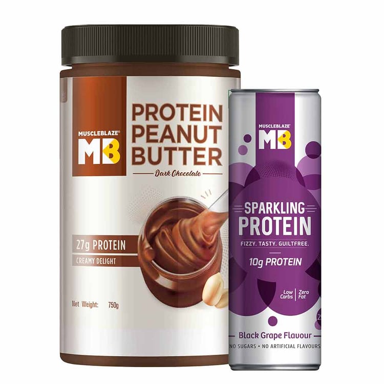1 - MuscleBlaze High Protein Peanut Butter 750 g Dark Chocolate Creamy with Sparkling Protein Water,  Black Grape  250 ml 