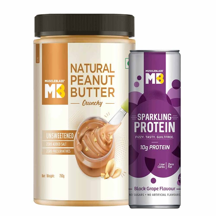 3 - MuscleBlaze Natural Peanut Butter Unsweetened 750 g Crunchy with Sparkling Protein Water,  Black Grape  250 ml 