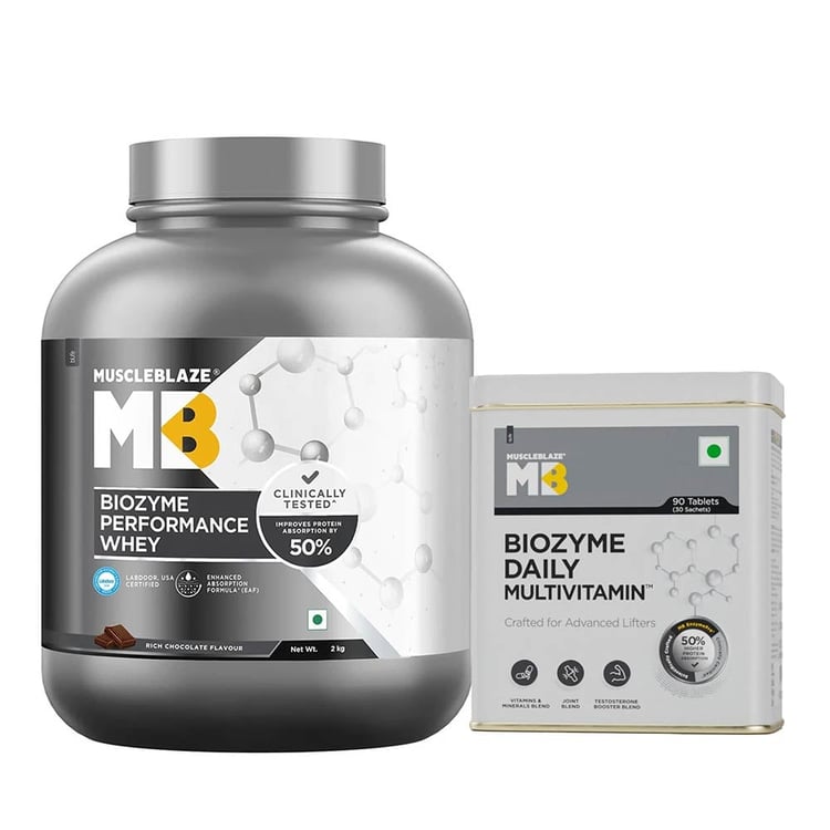 MuscleBlaze Biozyme Performance Rich Chocolate 2 kg & Biozyme Daily Multivitamin, 90 tablet(s) Unflavoured