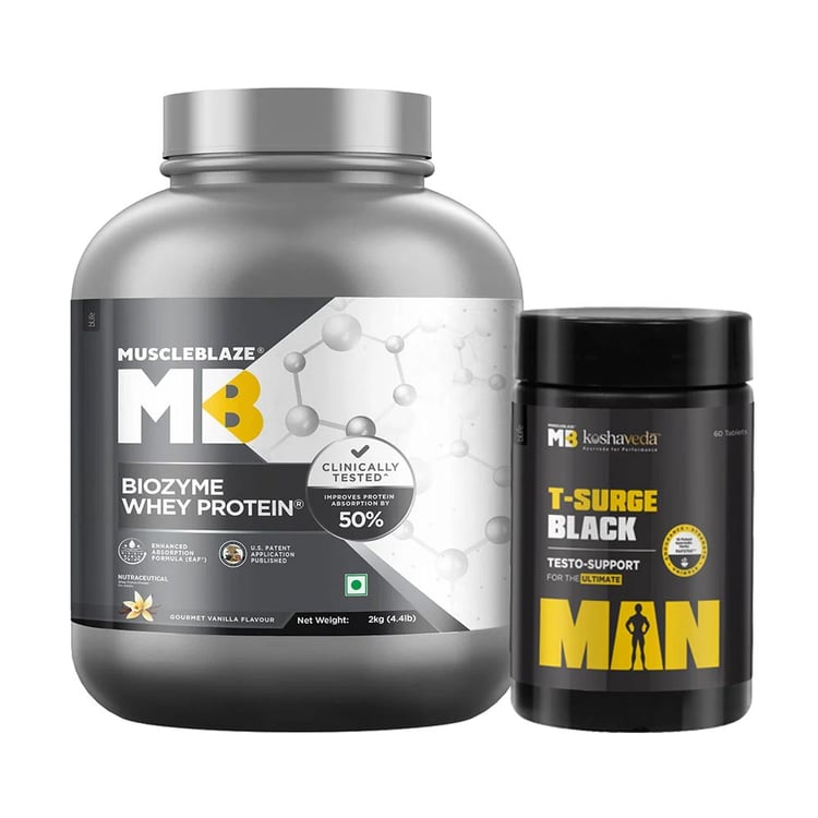 MuscleBlaze Biozyme Whey Protein 2 kg & T-Surge Black 60 Tablets Combo
