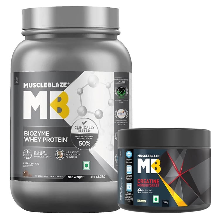 MuscleBlaze Biozyme Whey Protein 1kg + Creatine Monohydrate 100g Combo