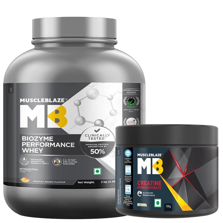 MuscleBlaze Biozyme Performance Whey 2 Kg & Creatine Monohydrate 0.22 lb combo