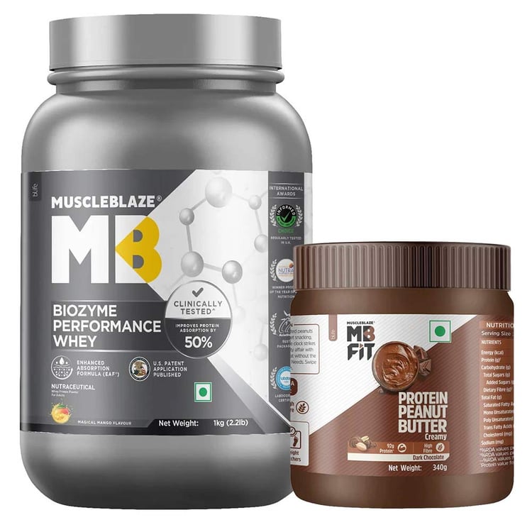 MuscleBlaze Biozyme Performance Whey 1 kg Magical Mango & High Protein Peanut Butter 400g Combo
