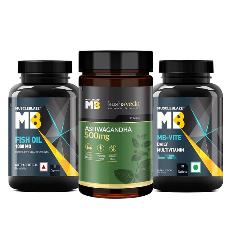 MuscleBlaze Fish Oil & MB-VITE Daily Multivitamin & Ashwagandha 30 Tabs Combo