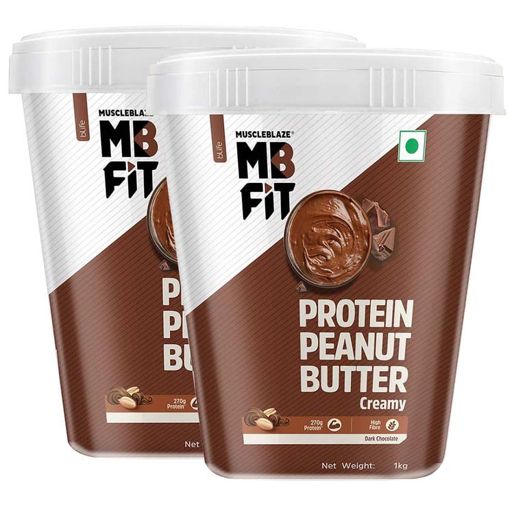 MuscleBlaze High Protein Peanut Butter 1 kg Dark Chocolate Creamy - Pack Of 2
