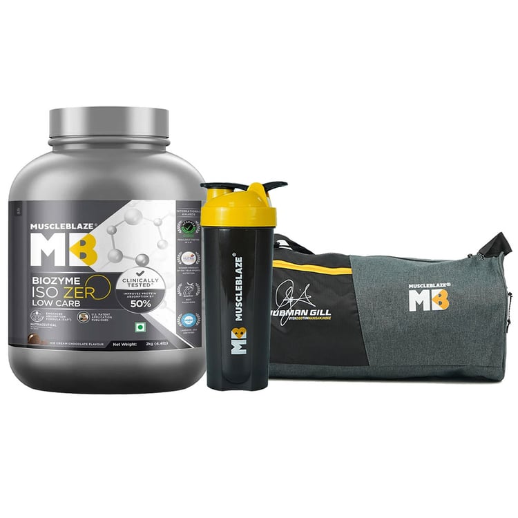 MuscleBlaze Biozyme Iso-Zero 2 kg & Gym Bag & Shaker Combo